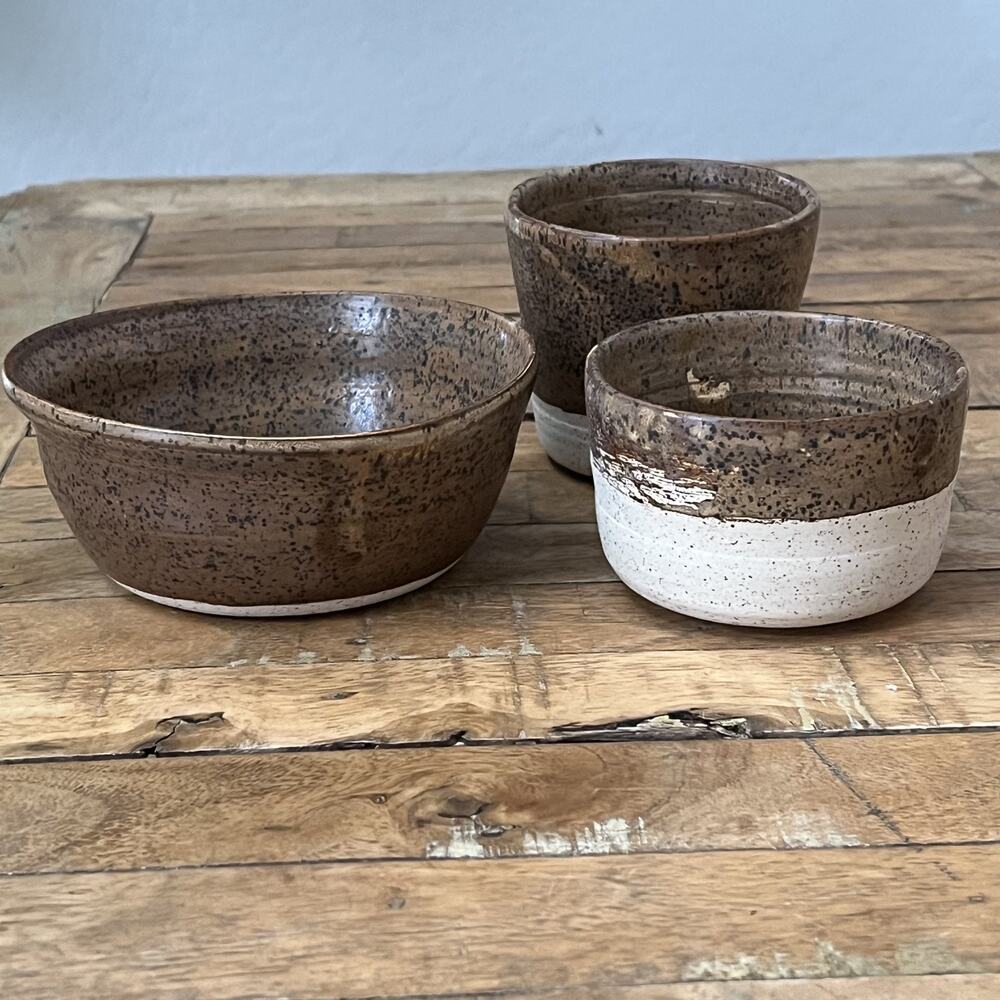 Studio Art Stoneware Bowl & Cup Set (3) Speckled Two Tone Dipped Semi-Matte - Picture 12 of 16